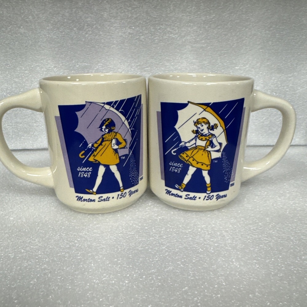 Vintage Morton Salt Set of 2Mugs "When It Rains It Pours"